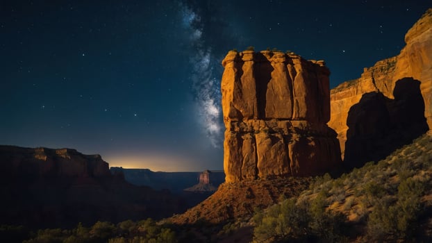 A stunning night landscape featuring a rock formation under a starry sky. photo