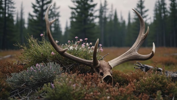 A deer skull with antlers rests among wildflowers in a forested landscape. photo
