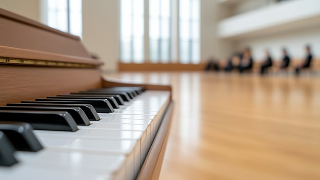 A close-up of a wooden piano keyboard with black and white keys, set against a blurred background of musicians seated in a spacious rehearsal room. photo