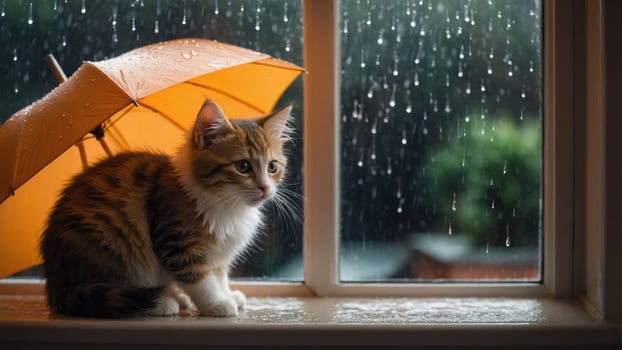 A kitten sits by a rainy window, sheltered by an orange umbrella, evoking a cozy atmosphere. photo