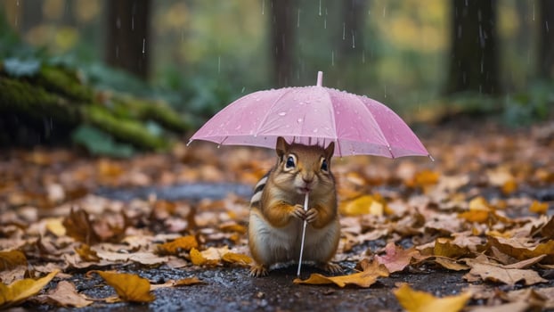 A chipmunk holds a pink umbrella amidst autumn leaves in a rainy forest. photo