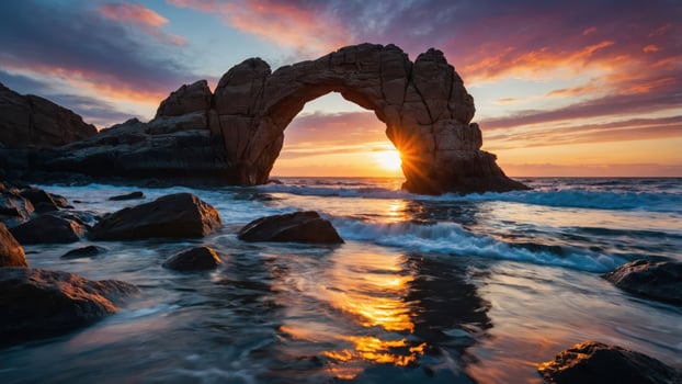 A stunning sunset behind a natural rock arch over tranquil ocean waters. photo