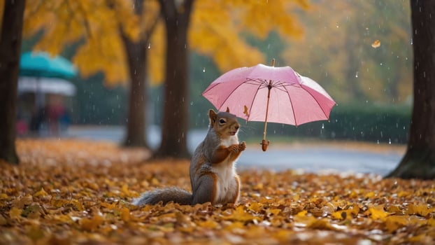 A squirrel holds a pink umbrella amidst falling leaves in a rainy autumn park. photo