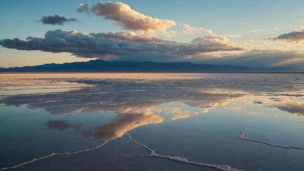 A serene landscape featuring a salt flat reflecting clouds and mountains at sunset. photo