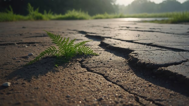 A close-up of a fern growing through cracked earth, highlighting resilience in nature. photo