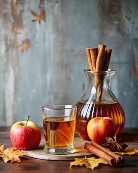 Warm apple cider with cinnamon sticks and fresh apples. photo