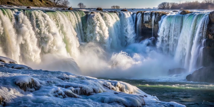 Majestic waterfall cascading into a misty river below. photo