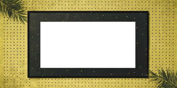 Empty white frame on a decorative gold and black surface. photo
