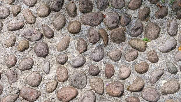 Textured pebbles create a natural mosaic on a pathway in a serene garden during a sunny afternoon photo