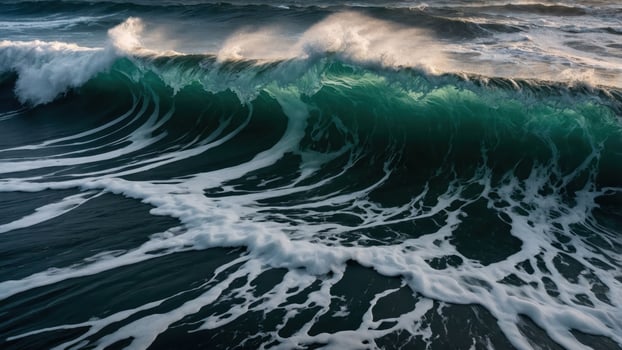 A close-up view of a crashing ocean wave with intricate patterns and foamy textures. photo