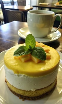 Lemon cheesecake garnished with mint leaves beside a cup of coffee. photo
