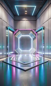 Neon-lit futuristic hallway with hexagonal portals. photo