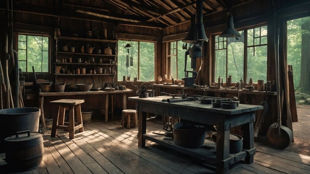 A rustic workshop filled with tools and wooden furniture, surrounded by nature. photo