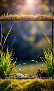 Dew-covered grass blades glistening in morning sunlight. photo