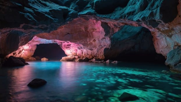 A serene cave with illuminated rock formations and calm waters. photo