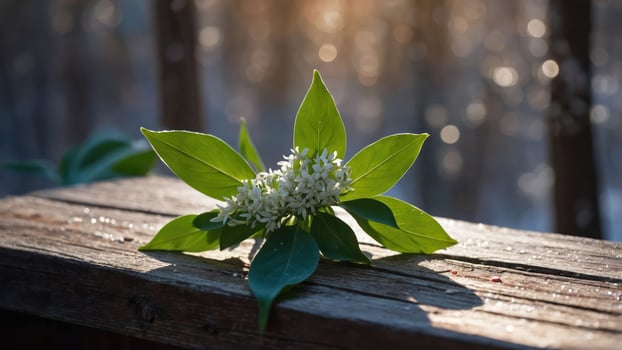A cluster of white flowers with green leaves on a wooden surface, illuminated by soft light. photo