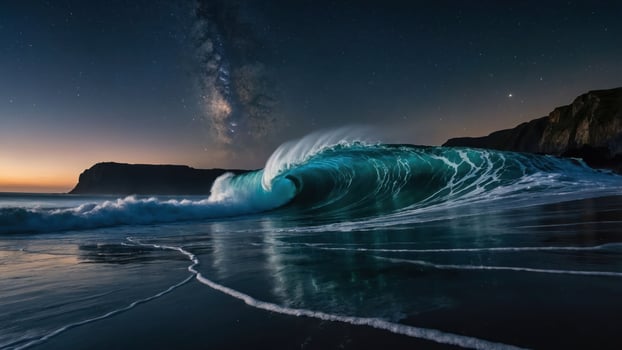A stunning night scene of a crashing ocean wave under a starry sky. photo
