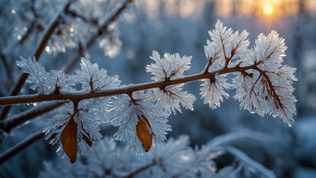 Frost-covered branch glistening in sunlight, showcasing nature's beauty in winter. photo