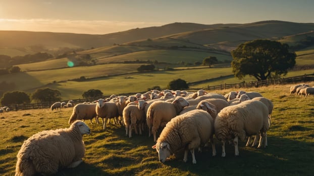 A serene landscape with sheep grazing in lush green fields at sunset. photo