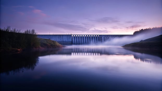 Serene River Landscape with Misty Dam at Dawn photo