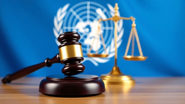 Global Justice A Gavel, Scales of Justice, and the UN Flag Symbolize International Law and Fair Judgement. photo