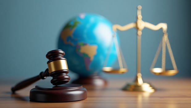 Global Justice Gavel, Scales, and Globe Symbolize International Law and Fair Judgment photo
