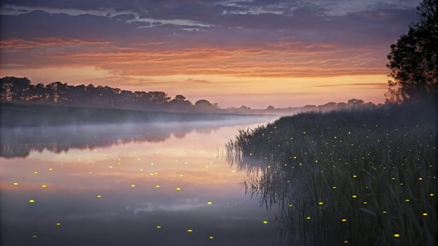 Peaceful Lake at Sunset with Fireflies and Golden Reflections on the Water photo