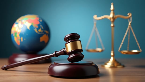 Global Justice Gavel, Scales, and Globe Symbolize International Law and Legal Systems photo