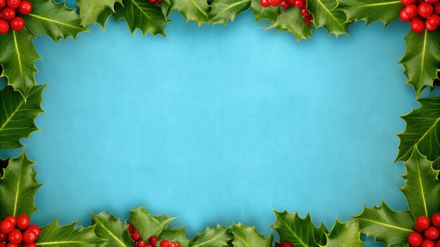 Festive Holiday Border with Green Leaves and Red Berries photo