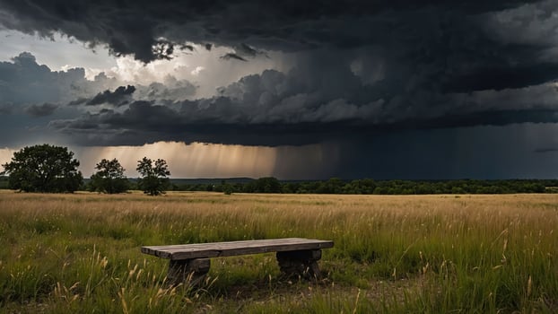 A stormy landscape with dark clouds and a wooden bench in a grassy field. photo
