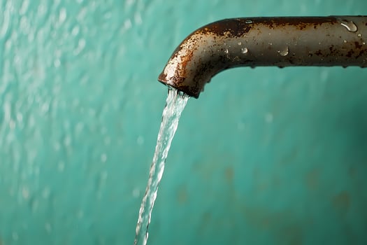 Rusty faucet pouring clean water against turquoise background photo