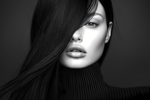 Monochromatic beauty, model with long, flowing hair and turtleneck photo
