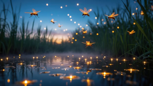 Fireflies Flying Above Pond at Dusk Magical Scene photo