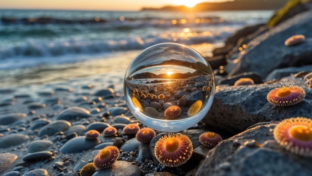 Beach Sunset Reflected in Crystal Sphere with Sea Anemones photo