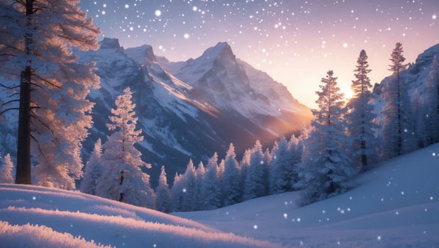 Snowy Mountain Landscape with Pine Trees and Falling Snow at Sunset photo