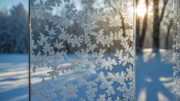 Frost Pattern on Glass with Winter Scene photo