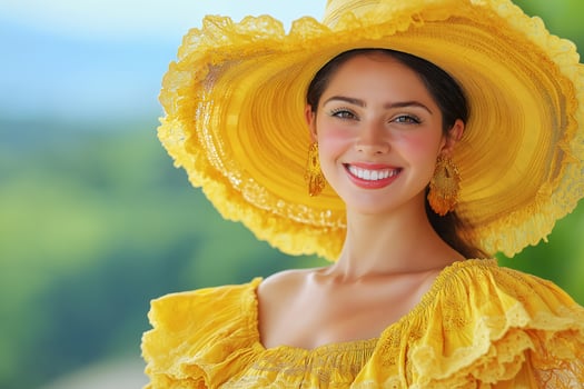 Beautiful Woman in Yellow Sun Hat and Dress Smiling Outdoors photo
