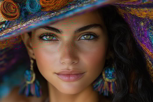 Close up Portrait of a Woman with Freckles Wearing a Colorful Boho Hat and Earrings photo
