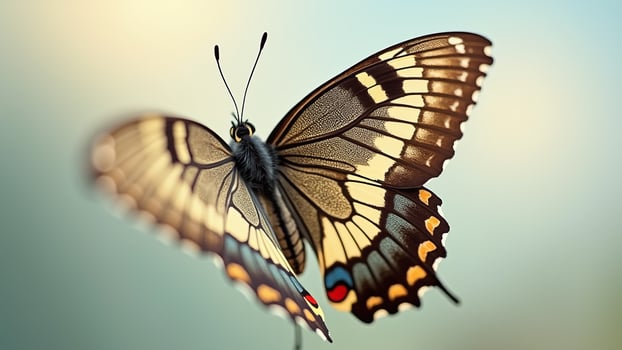 A butterfly is flying in the air with a blurred background photo