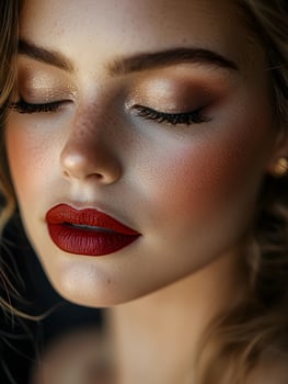 Close-up of woman with elegant makeup and bold red lips. Generated by AI photo