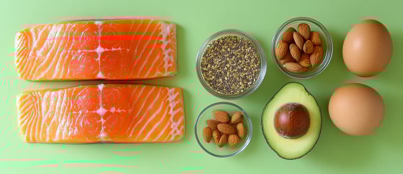 Keto diet concept - salmon, avocado, eggs, nuts and seeds, bright green background, top view photo