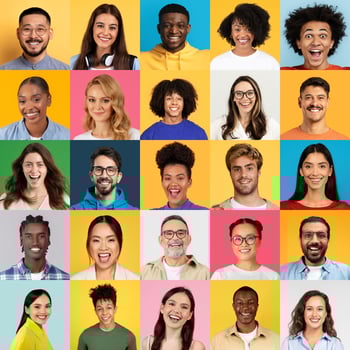 A colorful collage showcases cheerful individuals from various backgrounds, each expressing joy and positivity. The collection highlights the beauty of diversity in lifestyle and youthfulness. photo