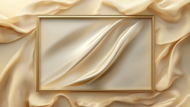 Golden frame with silk fabric on a beige background photo