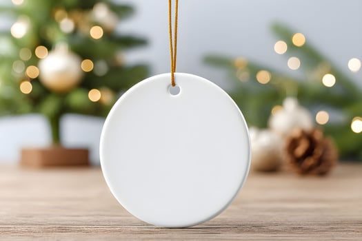 Hanging blank ornament for mockup with Christmas tree and decorations in the background during winter holiday season photo