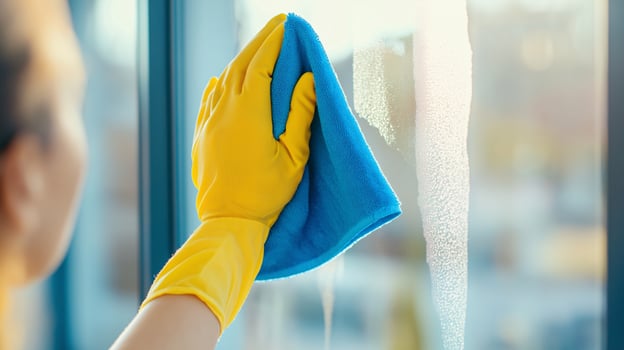 Cleaning Window Glass Blue Microfiber Cloth Yellow Gloves photo