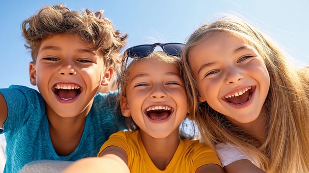Joyful Children Laughing Outdoors Happy Kids Summer Fun Bright Smiles photo