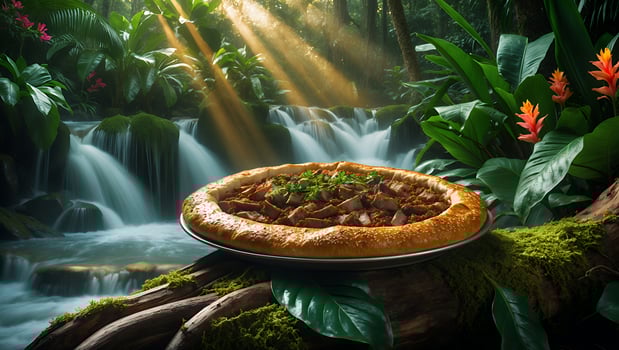 Meat Pizza with Herbs at Waterfall Background in Tropical Forest photo