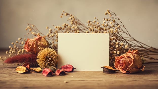Blank note on wooden table with decorate dry flower set for copy space. perfect for planners, mood boards, or portfolio design. photo