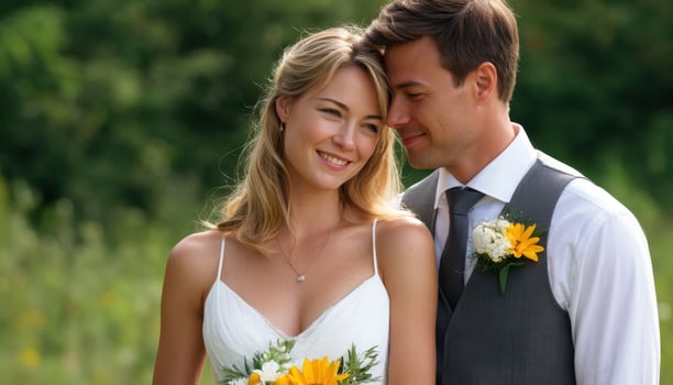 Romantic wedding celebration outdoor venue photography natural setting couple's embrace photo