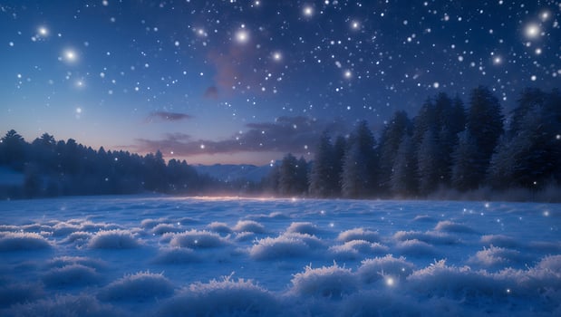 Winter Landscape with Snow Covered Field and Starry Sky photo